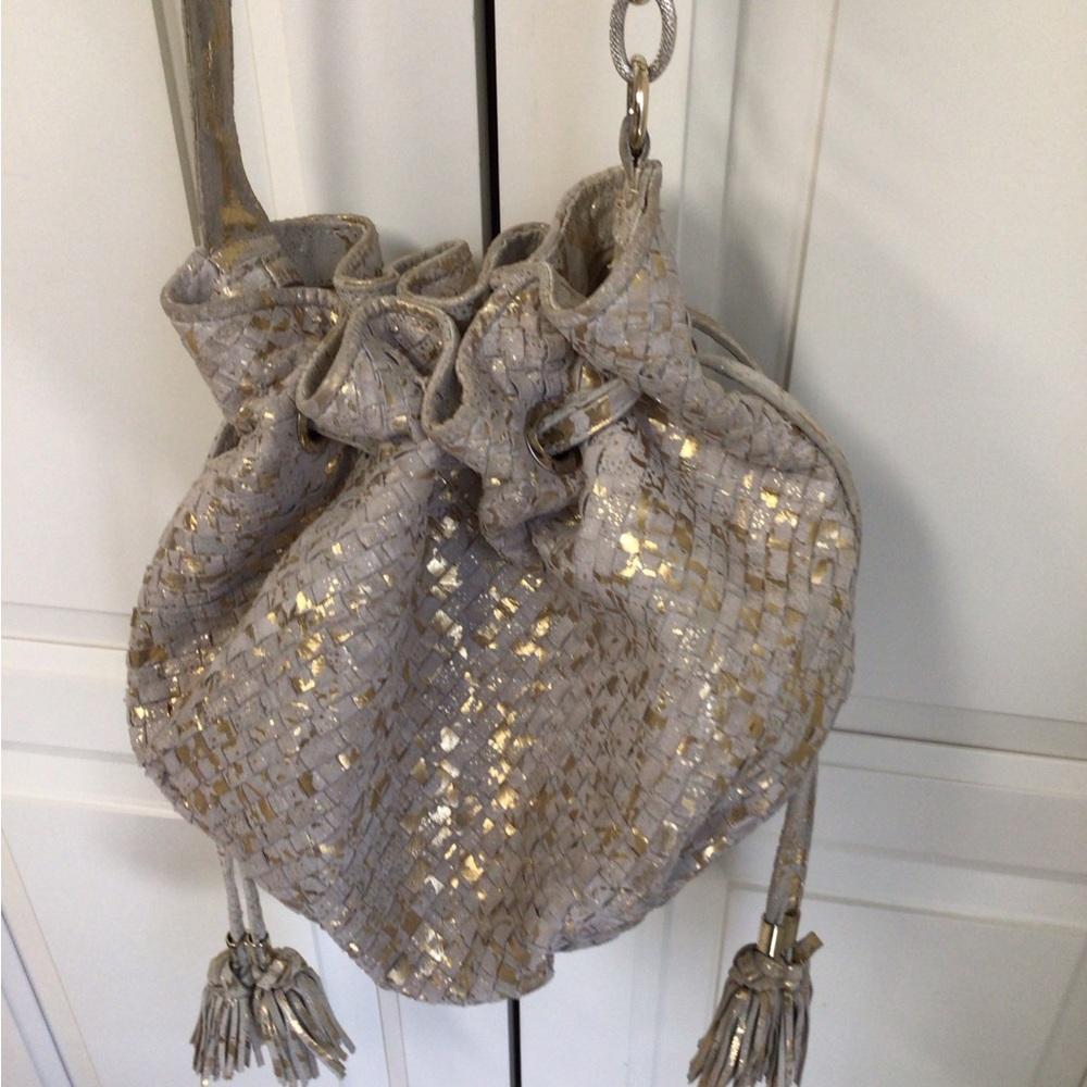 Elliott Luca Metallic Drawstring Bucket Bag Leather Gold Accent